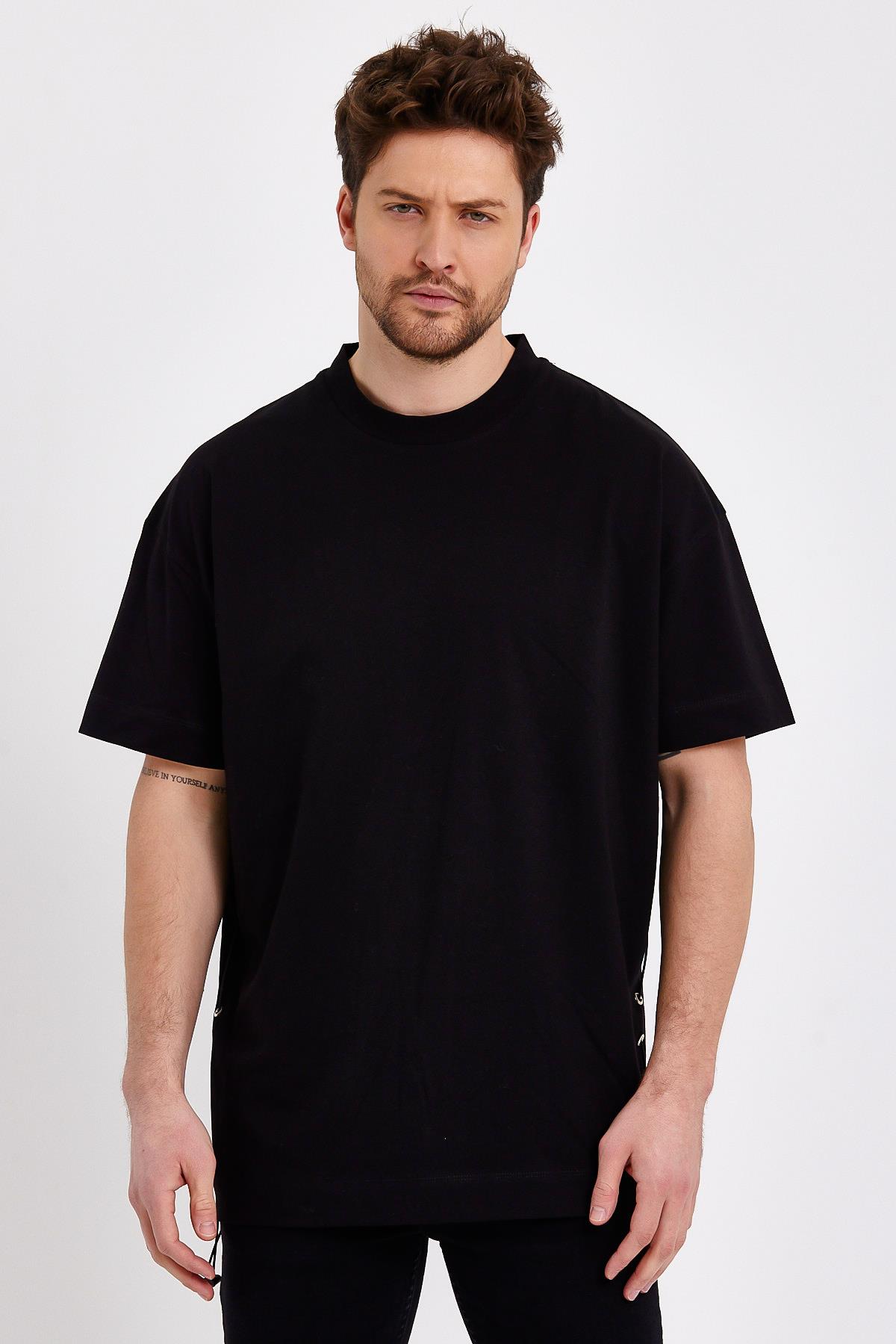 Yanları Lastikli Oversize Siyah Erkek T-shirt