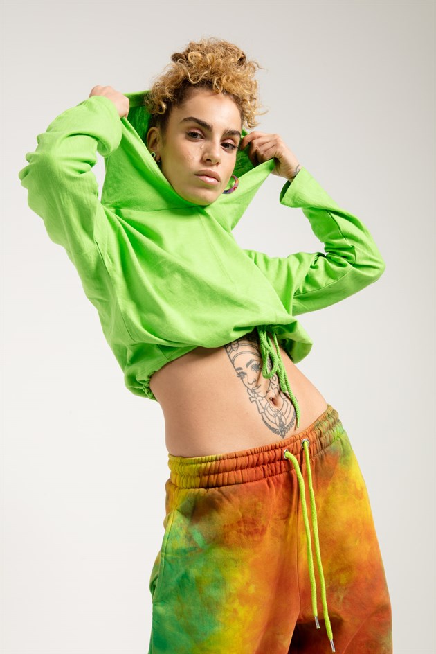 Crop Fit Hoodie in Green with Dropped Shoulders