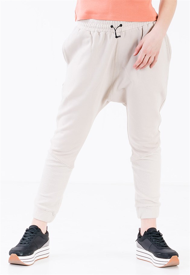 Drop Crotch Joggers in Cream with Leather Drawstring
