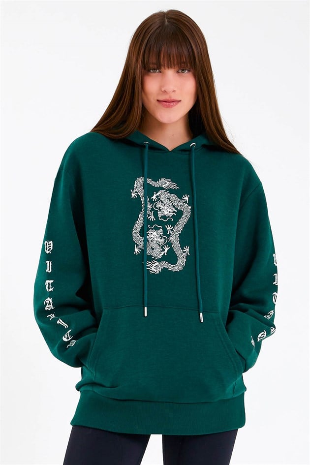Dragon Baskılı Yeşil Oversize Kadın Sweatshirt