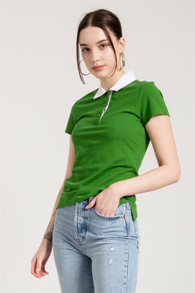 Short Sleeves T-shirt Contract Polo Neck in Green