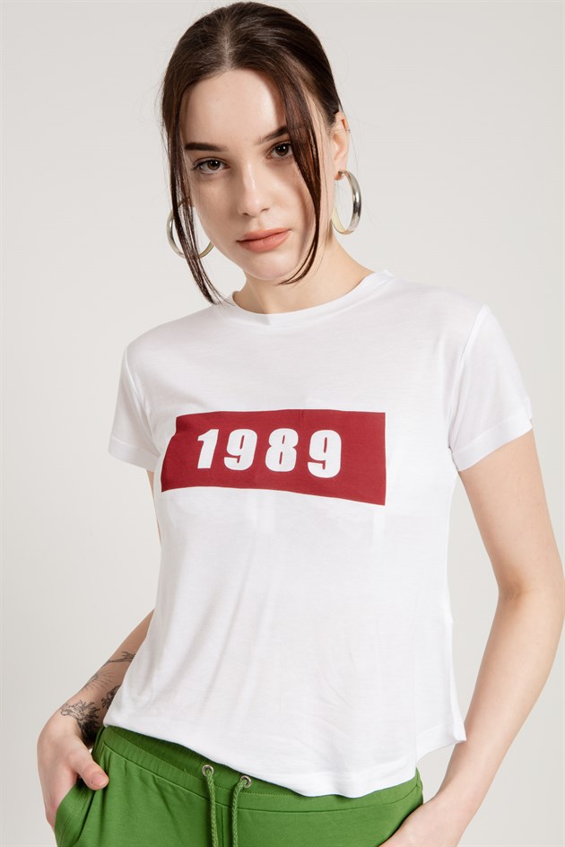 1989 Baskılı Beyaz Kısa Kadın T-shirt