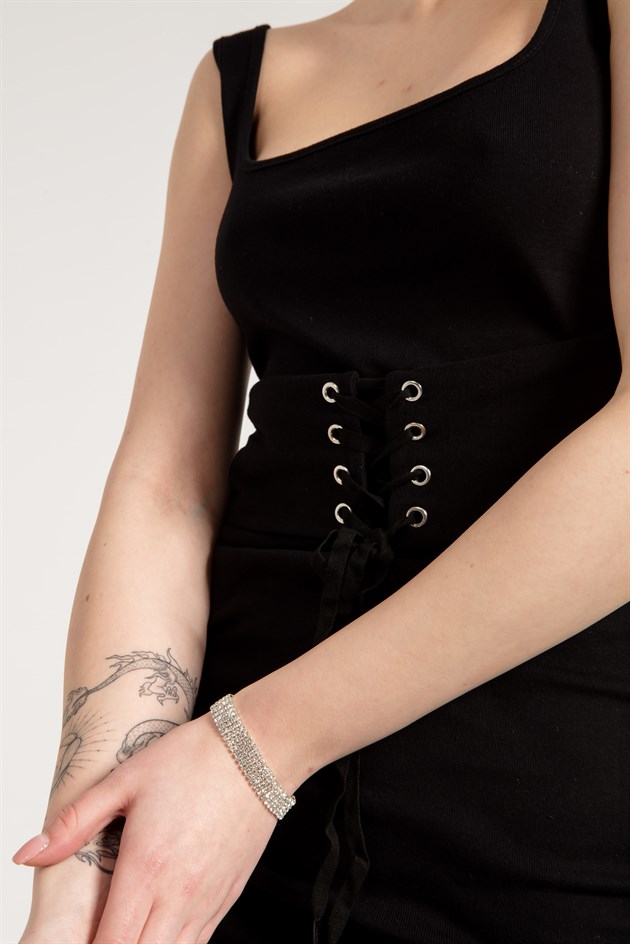 Sleeveless Midi Dress in Black with Corset Detail