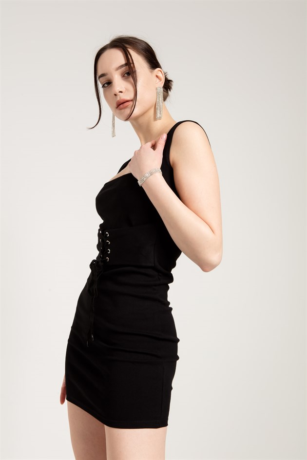 Sleeveless Midi Dress in Black with Corset Detail