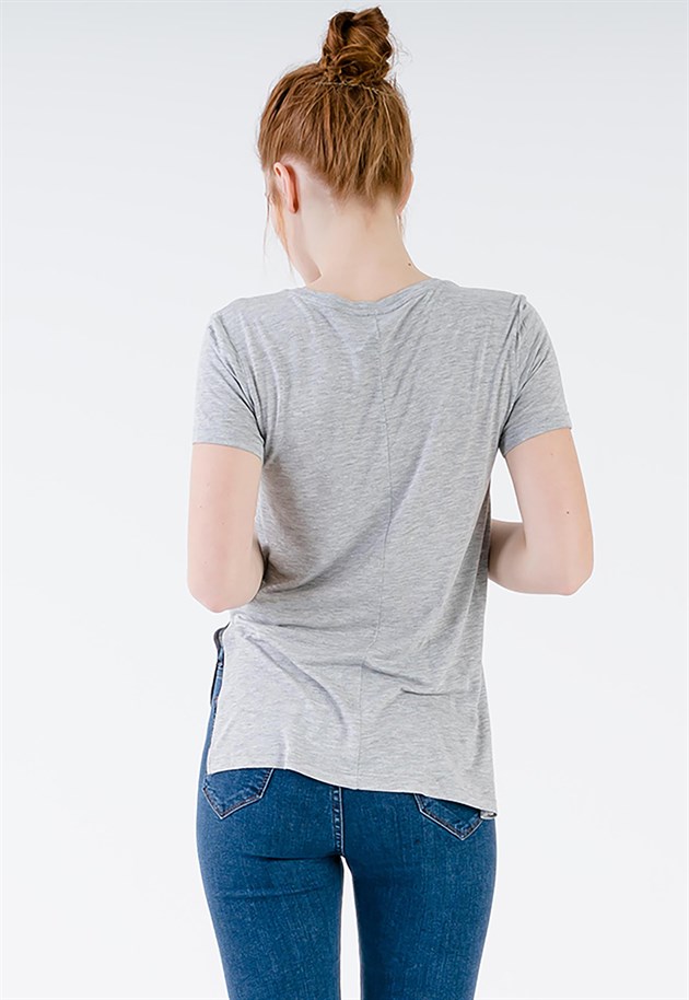 Plain V-neck T-shirt in Grey with Side Splits