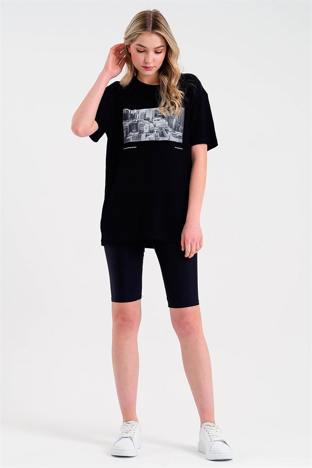 Baskılı Siyah Oversize Kadın T-shirt