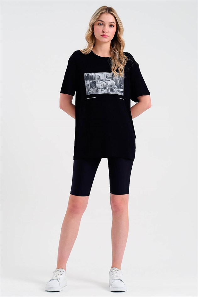 Baskılı Siyah Oversize Kadın T-shirt