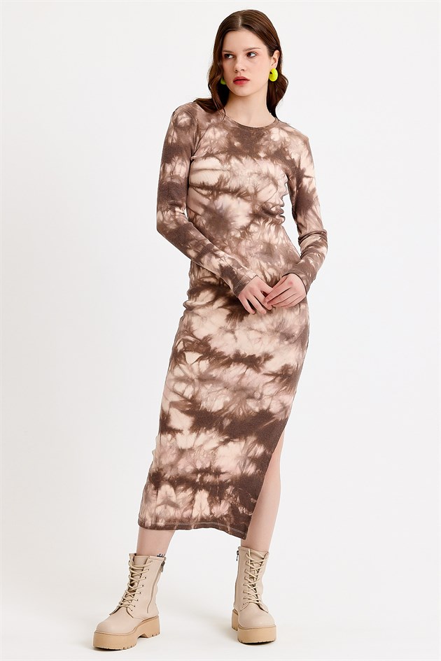 Batik Yıkamalı Kahverengi Örme Elbise