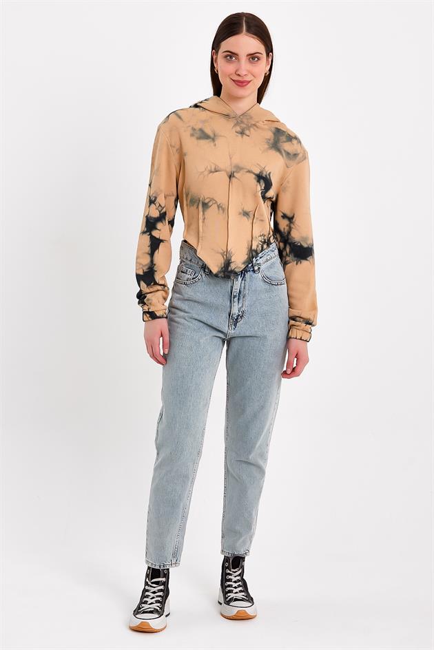 Batik Yıkamalı Korse Detaylı Kahverengi Crop Fit Sweatshirt