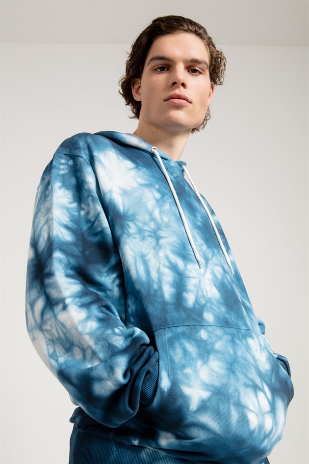 Batik Yıkamalı Mavi Ekstra Oversize Erkek Kapüşonlu Sweatshirt