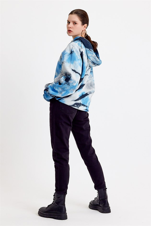 Batik Yıkamalı Mavi Oversize Kapüşonlu Kadın Sweatshirt