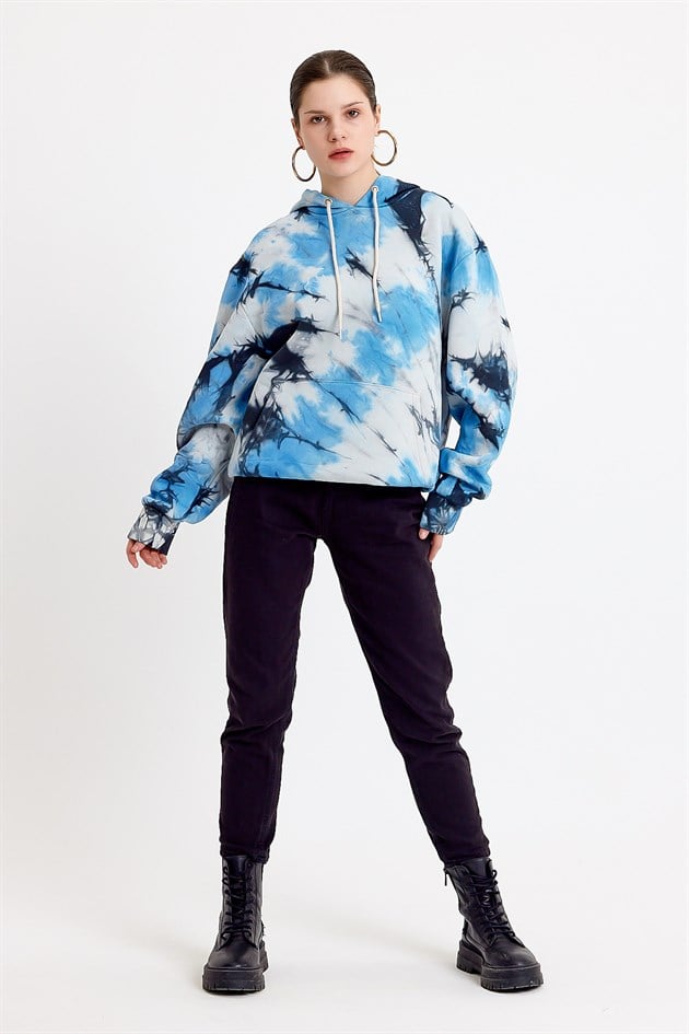Batik Yıkamalı Mavi Oversize Kapüşonlu Kadın Sweatshirt