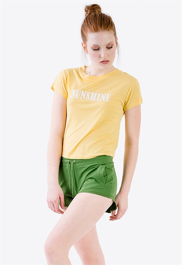 Crop T-shirt in Yellow with Flocked Sunshine Print