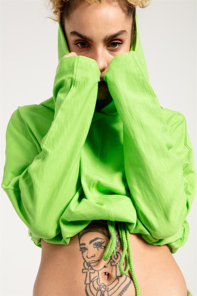 Crop Fit Hoodie in Green with Dropped Shoulders