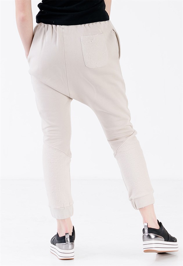 Drop Crotch Joggers in Cream with Leather Drawstring