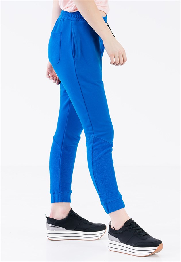 Drop Crotch Joggers in Blue with Leather Drawstring