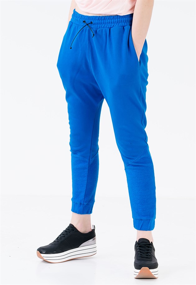 Drop Crotch Joggers in Blue with Leather Drawstring