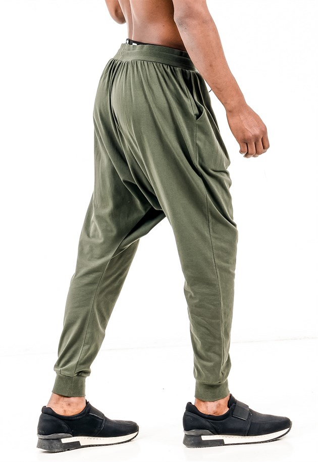 Extreme Drop Crotch Joggers in Khaki with Drawstring