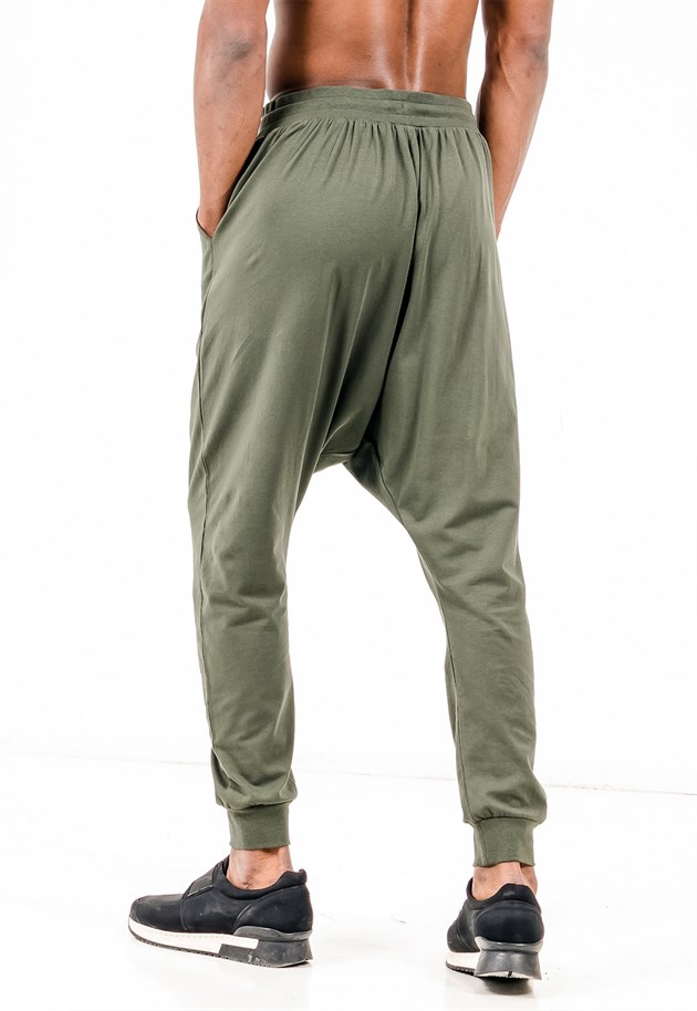 Extreme Drop Crotch Joggers in Khaki with Drawstring