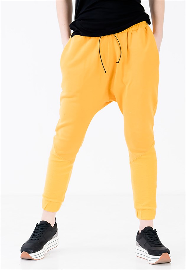 Drop Crotch Joggers in Yellow with Leather Drawstring