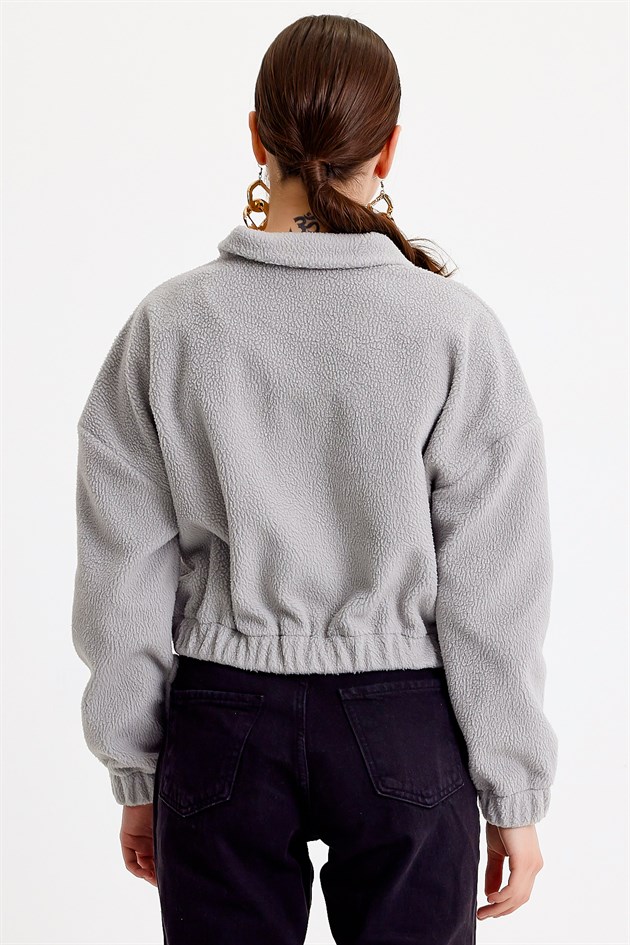 Dik Yaka Crop Fit Açık Gri Kadın Peluş Sweatshirt