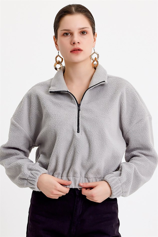 Dik Yaka Crop Fit Açık Gri Kadın Peluş Sweatshirt