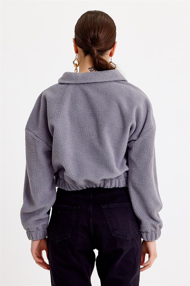 Dik Yaka Crop Fit Gri Kadın Peluş Sweatshirt