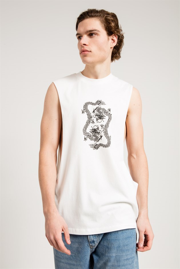 Oversized Vest in White with Dragon Print