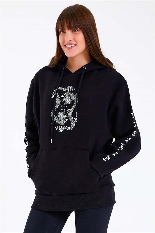 Dragon Baskılı Siyah Oversize Kadın Sweatshirt