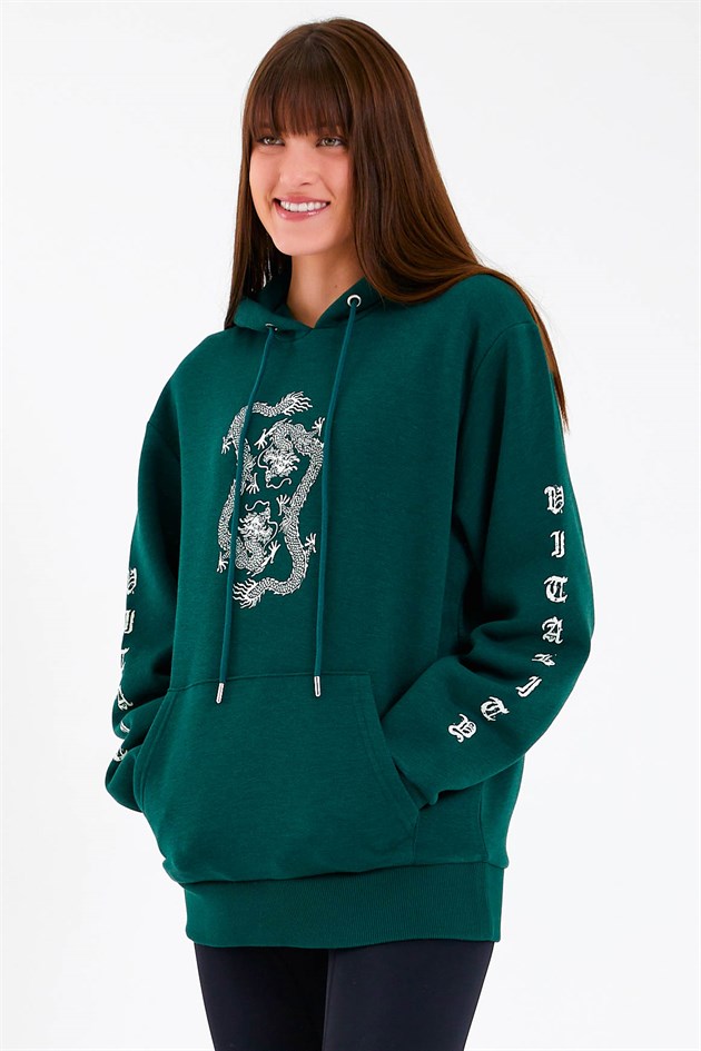 Dragon Baskılı Yeşil Oversize Kadın Sweatshirt