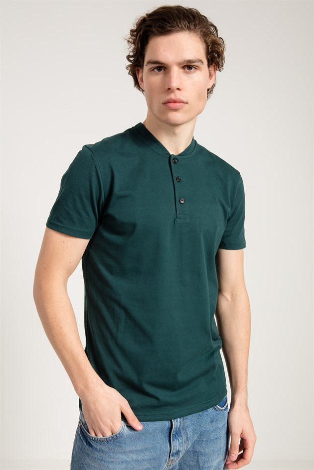 Düğme Detaylı Slim Fit Yeşil Erkek T-shirt