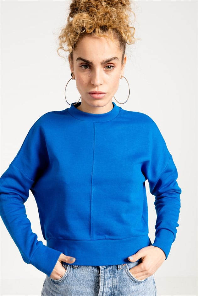 Düşük Omuzlu Yanları Yırtmaçlı Mavi Kadın Sweatshirt