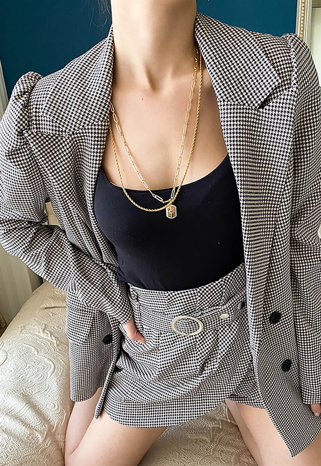 Double Breasted Oversized Blazer in Check with Puff Sleeves