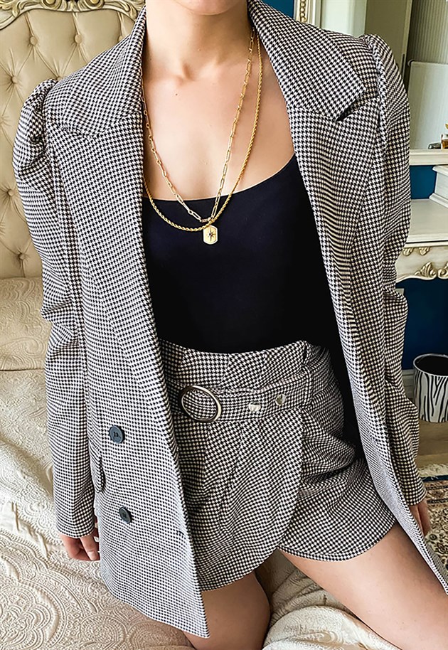 Double Breasted Oversized Blazer in Check with Puff Sleeves