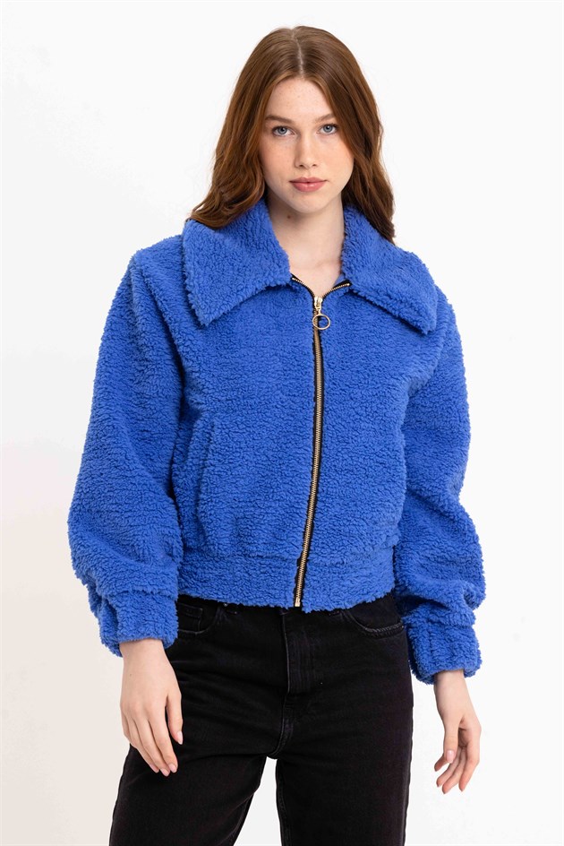 Fermuarlı Mavi Kadın Peluş Ceket