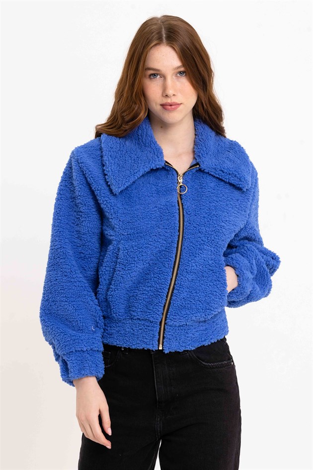 Fermuarlı Mavi Kadın Peluş Ceket