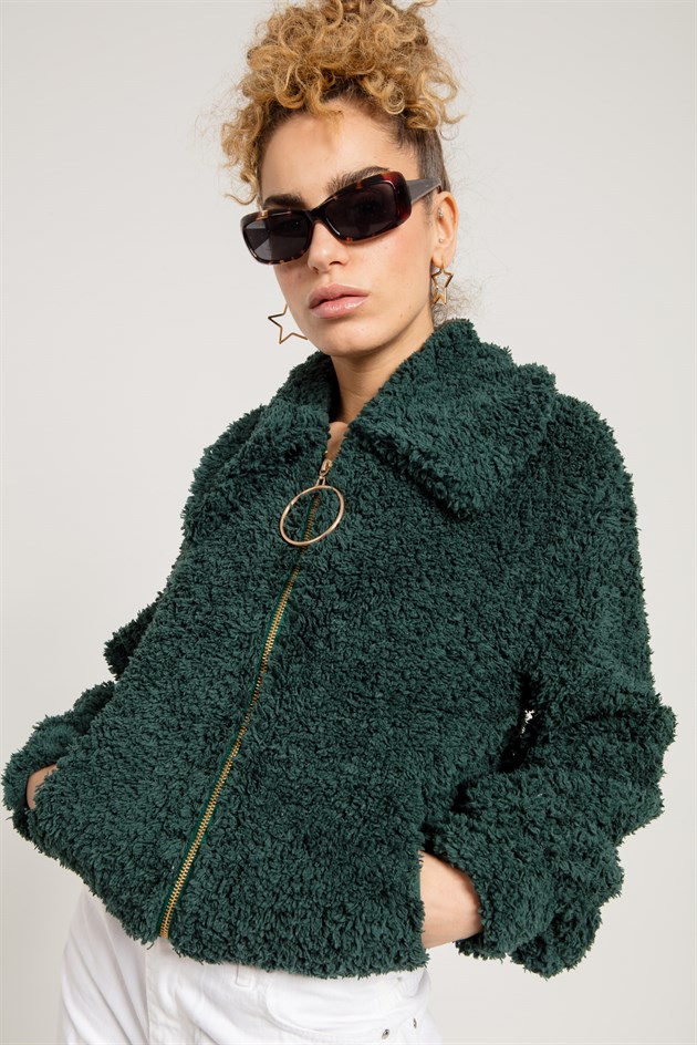 Fermuarlı Yeşil Peluş Kadın Ceket