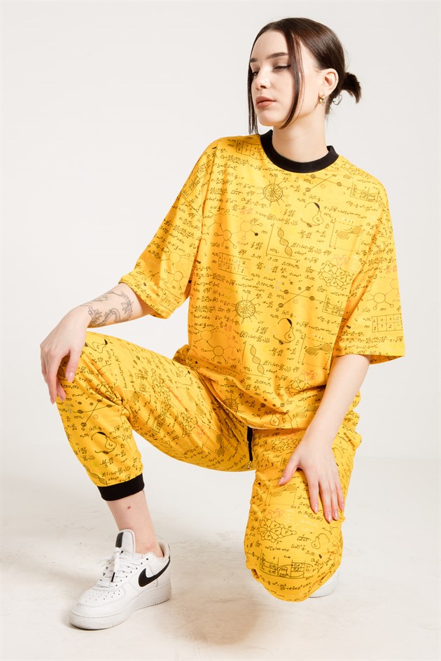 Formül Baskılı Oversize Sarı Kadın T-shirt