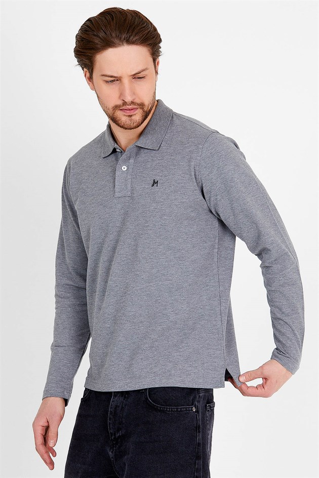 Polo Collared T-shirt in Grey with Long Sleeves