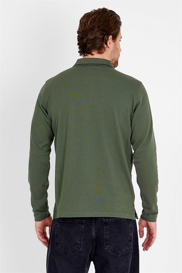 Polo Collared T-shirt in Khaki with Long Sleeves