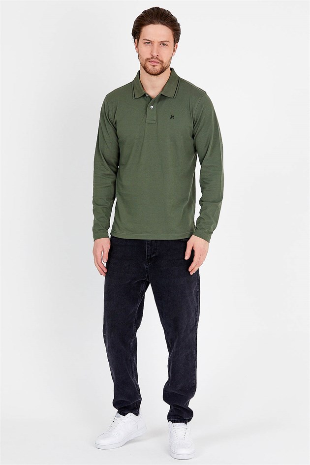Polo Collared T-shirt in Khaki with Long Sleeves