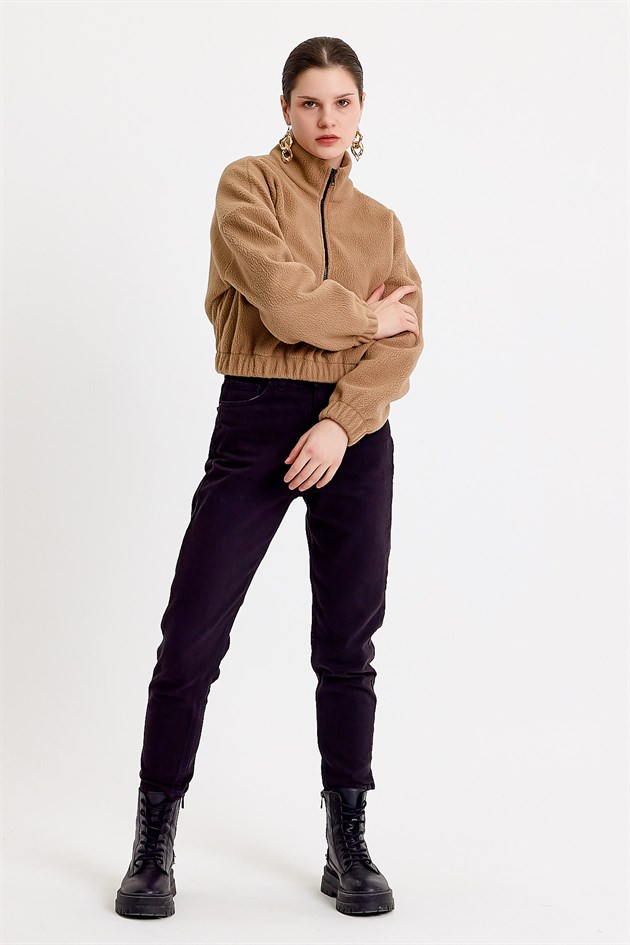 Kahverengi Dik Yaka Crop Fit Kadın Peluş Sweatshirt