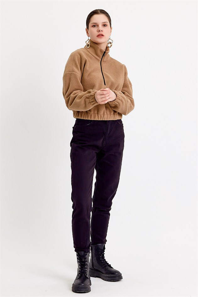 Kahverengi Dik Yaka Crop Fit Kadın Peluş Sweatshirt