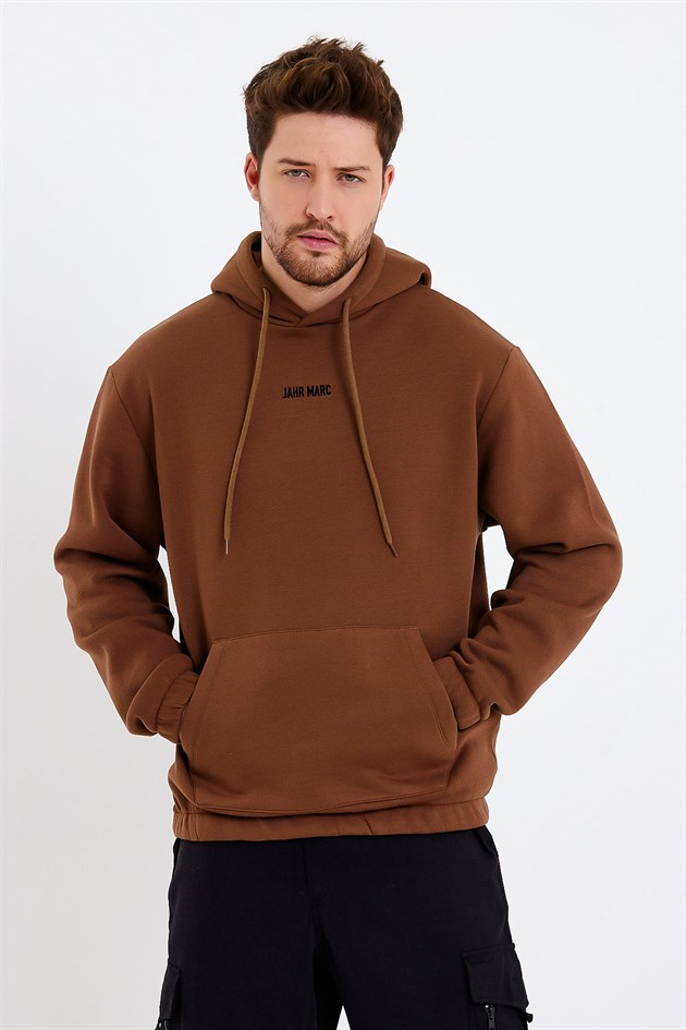 Kahverengi Nakışlı Oversize Erkek Sweatshirt