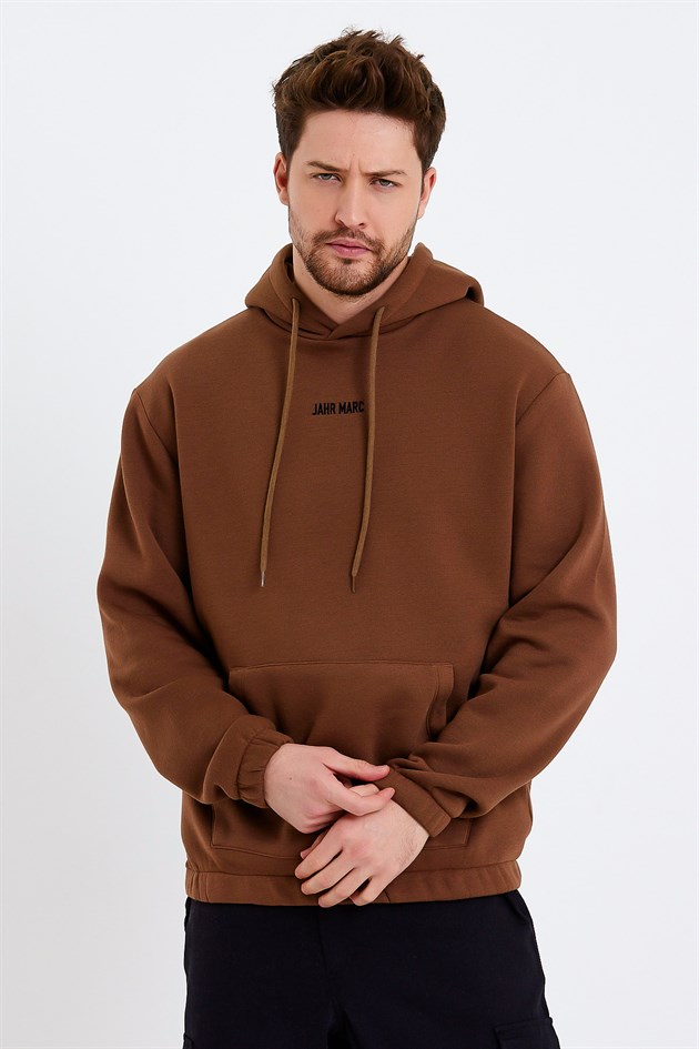 Kahverengi Nakışlı Oversize Erkek Sweatshirt