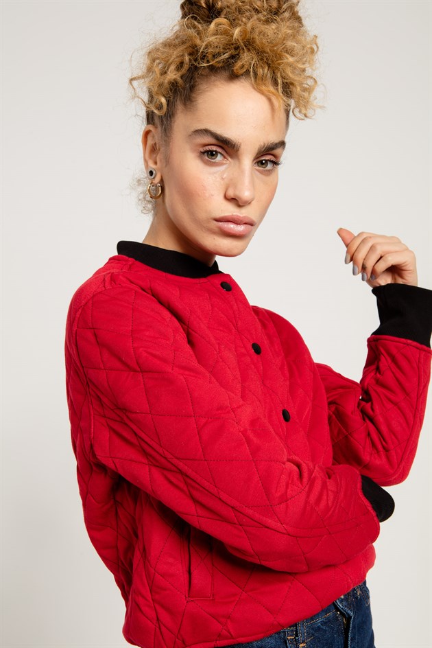 Quilted College Jacket in Red with Side Pockets
