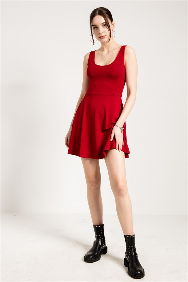 Mini Skater Dress in Red with Scoop Neck