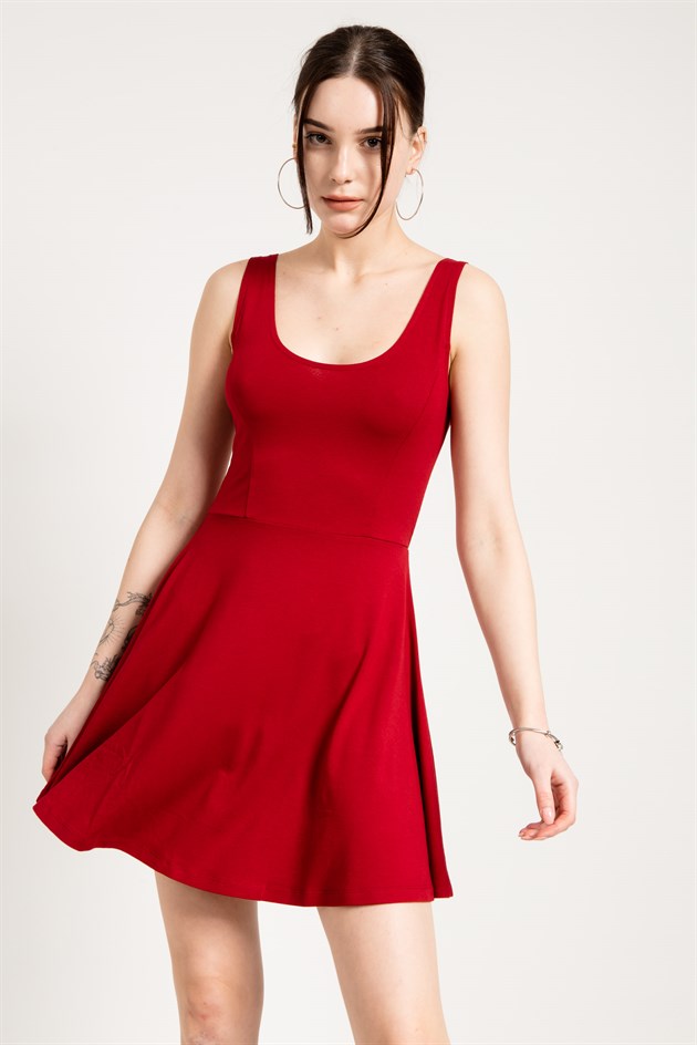 Mini Skater Dress in Red with Scoop Neck