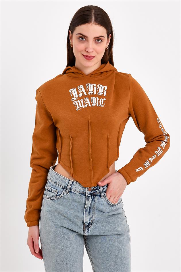 Baskılı Korse Detaylı Kahverengi Crop Fit Kapüşonlu Sweatshirt