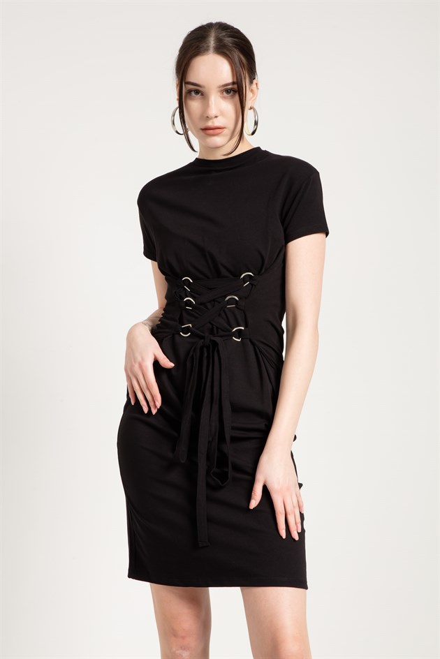 Corset Detail Midi Dress in Black
